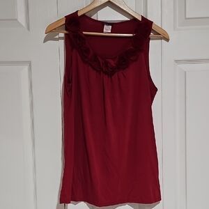 ✨ Agenda Red Rosette Sleeveless Blouse | Size Large | Floral Neck Detail Tank To